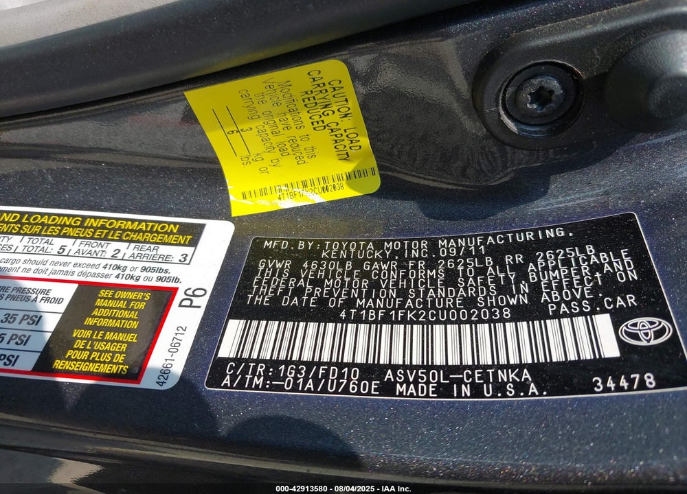 2012 TOYOTA CAMRY LE VIN: 4T1BF1FK2CU002038