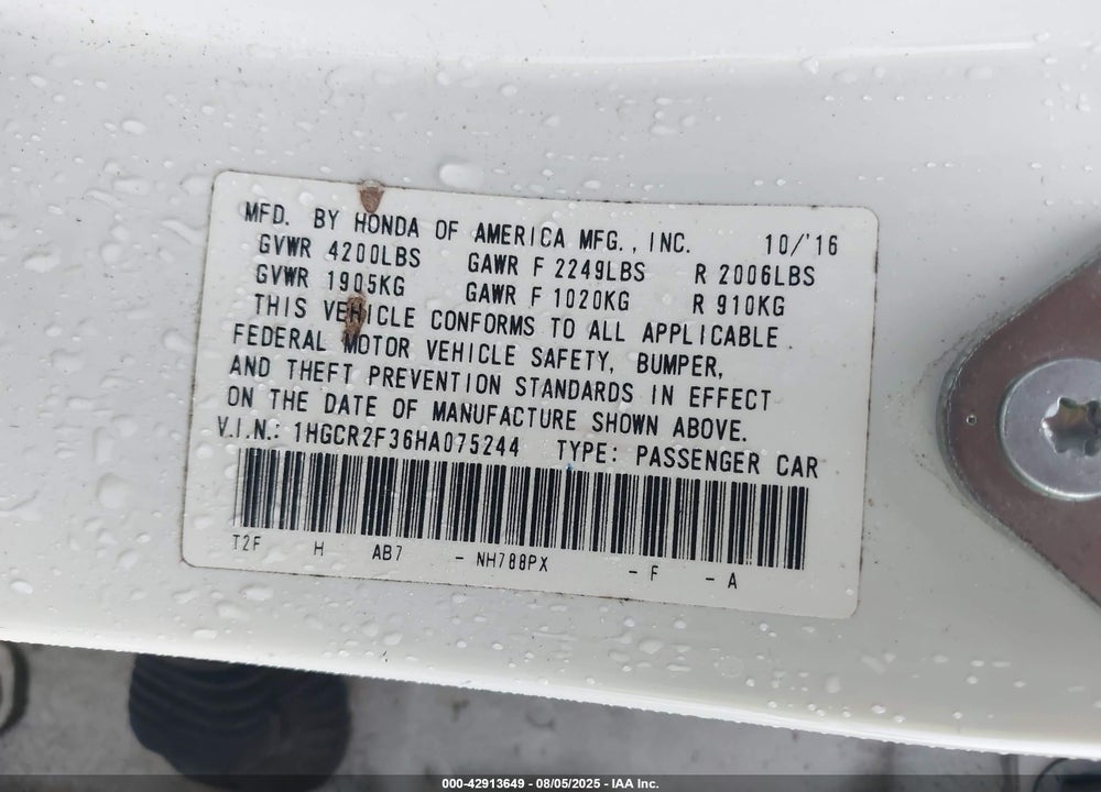 2017 HONDA ACCORD VIN: 1HGCR2F36HA075244