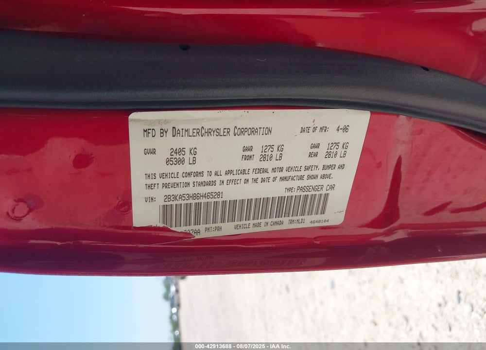 2006 DODGE CHARGER VIN: 2B3KA53H86H465281