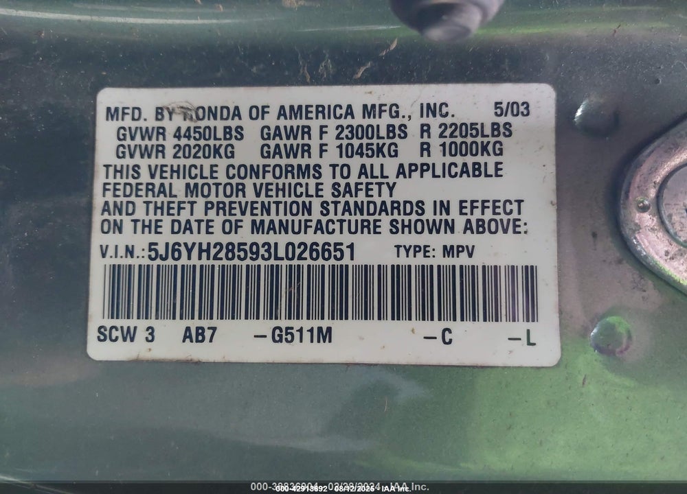 2003 HONDA ELEMENT EX VIN: 5J6YH28593L026651
