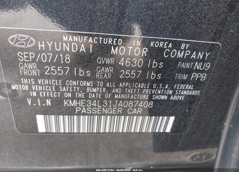2018 HYUNDAI SONATA HYBRID VIN: KMHE34L31JA087408