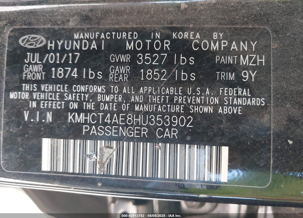 2017 HYUNDAI ACCENT VALUE EDITION VIN: KMHCT4AE8HU353902
