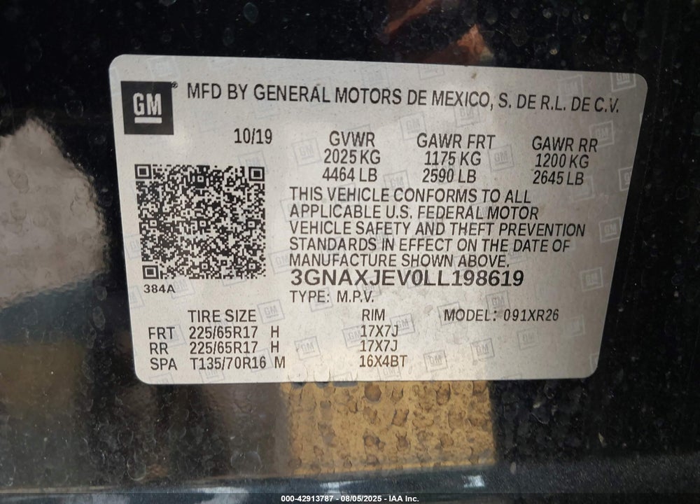 2020 CHEVROLET EQUINOX VIN: 3GNAXJEV0LL198619