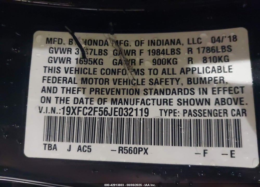 2018 HONDA CIVIC VIN: 19XFC2F56JE032119