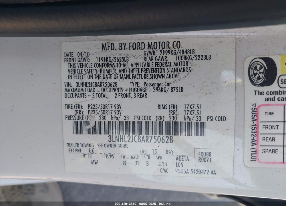 2010 LINCOLN MKZ VIN: 3LNHL2JC8AR750628