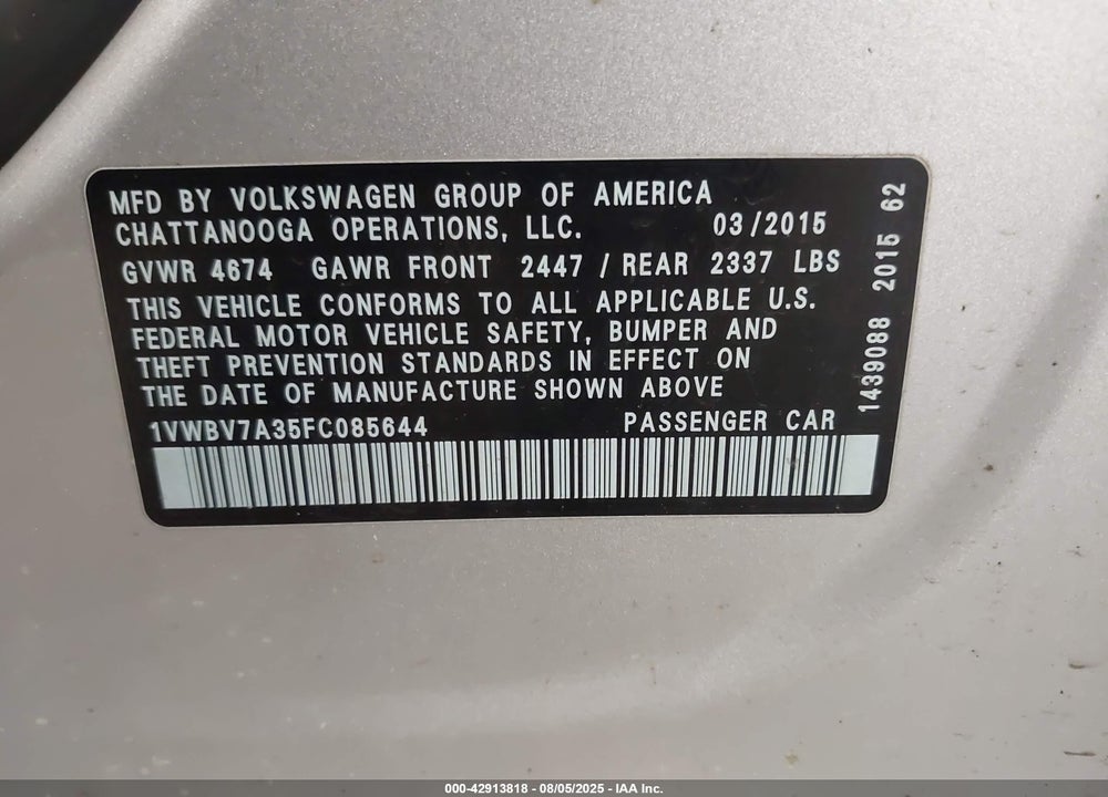 2015 VOLKSWAGEN PASSAT VIN: 1VWBV7A35FC085644