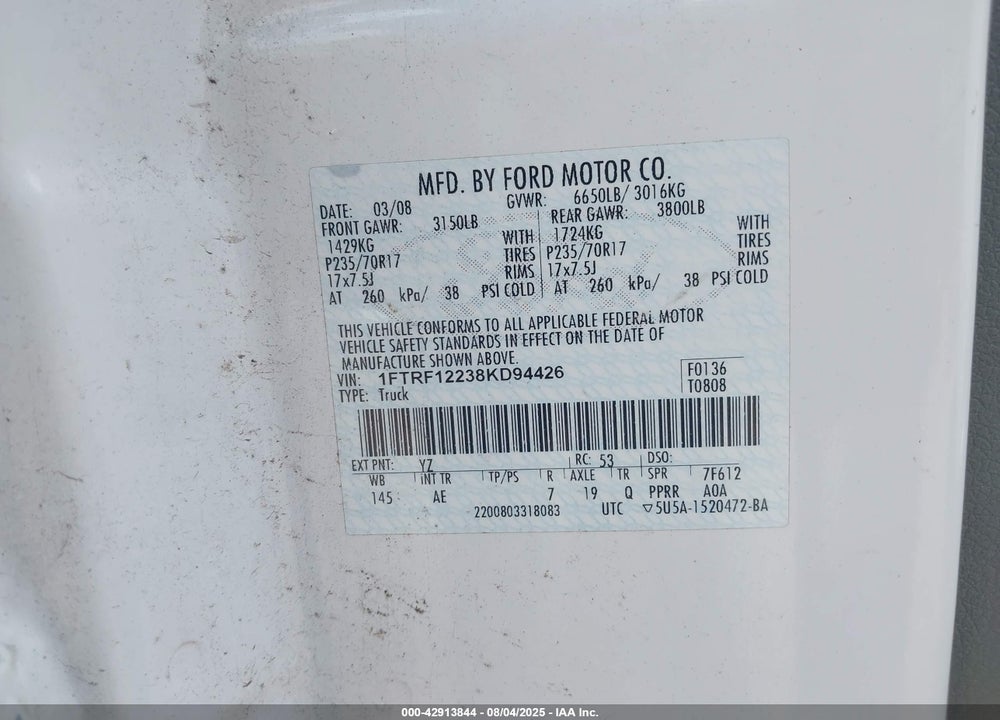 2008 FORD F-150 STX/XL/XLT VIN: 1FTRF12238KD94426