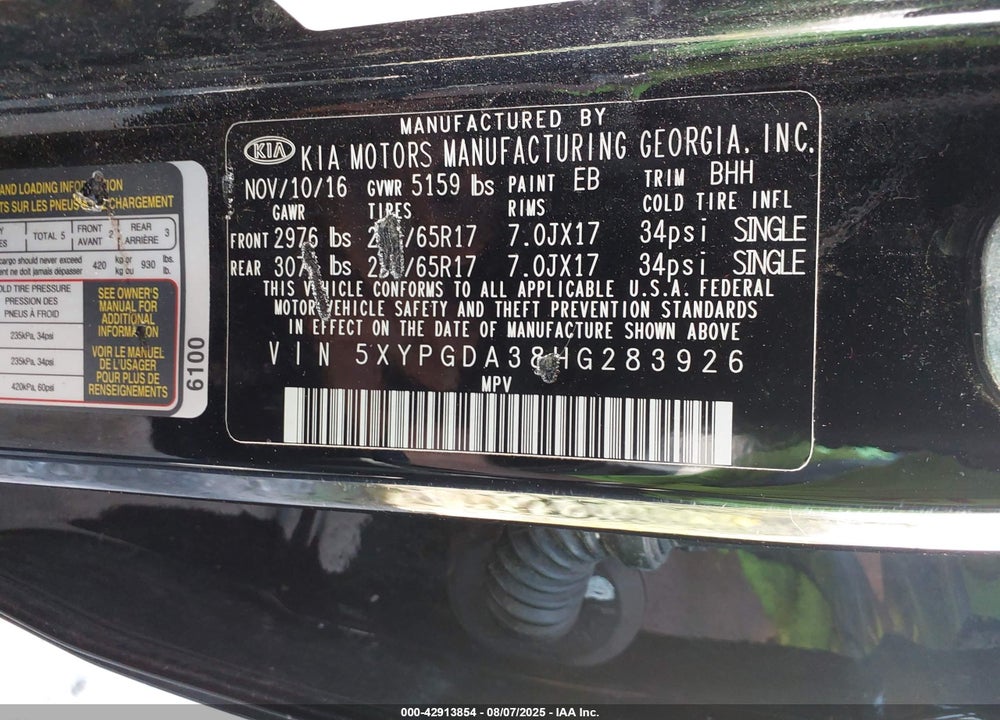 2017 KIA SORENTO VIN: 5XYPGDA38HG283926