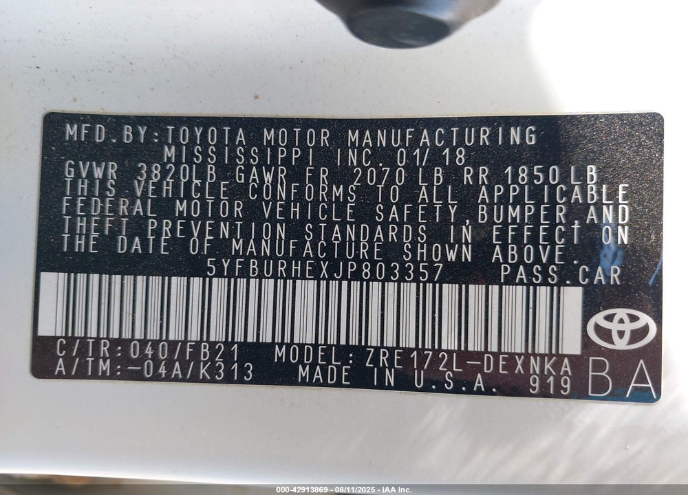 2018 TOYOTA COROLLA VIN: 5YFBURHEXJP803357