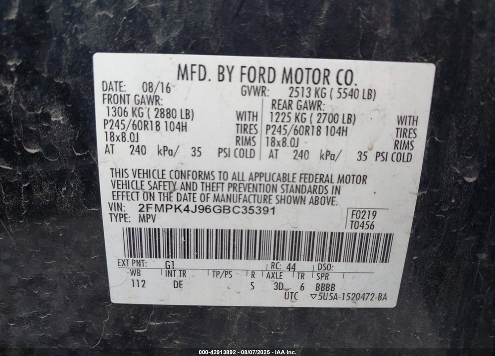 2016 FORD EDGE VIN: 2FMPK4J96GBC35391