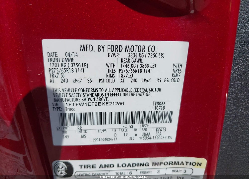 2014 FORD F-150 VIN: 1FTFW1EF2EKE21256