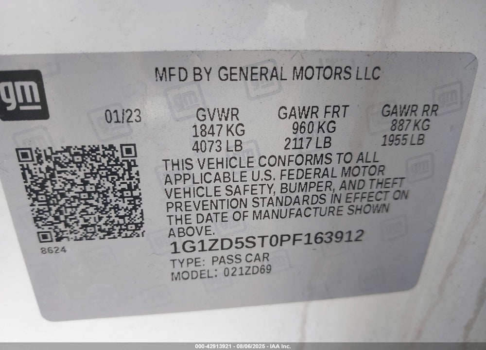 2023 CHEVROLET MALIBU FWD 1LT VIN: 1G1ZD5ST0PF163912