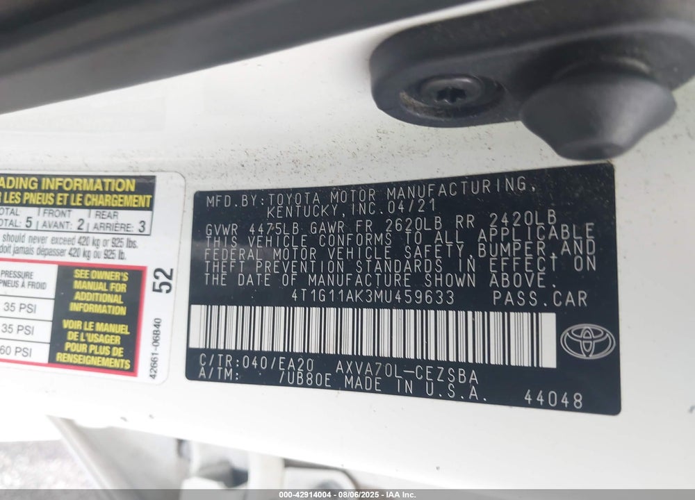 2021 TOYOTA CAMRY VIN: 4T1G11AK3MU459633