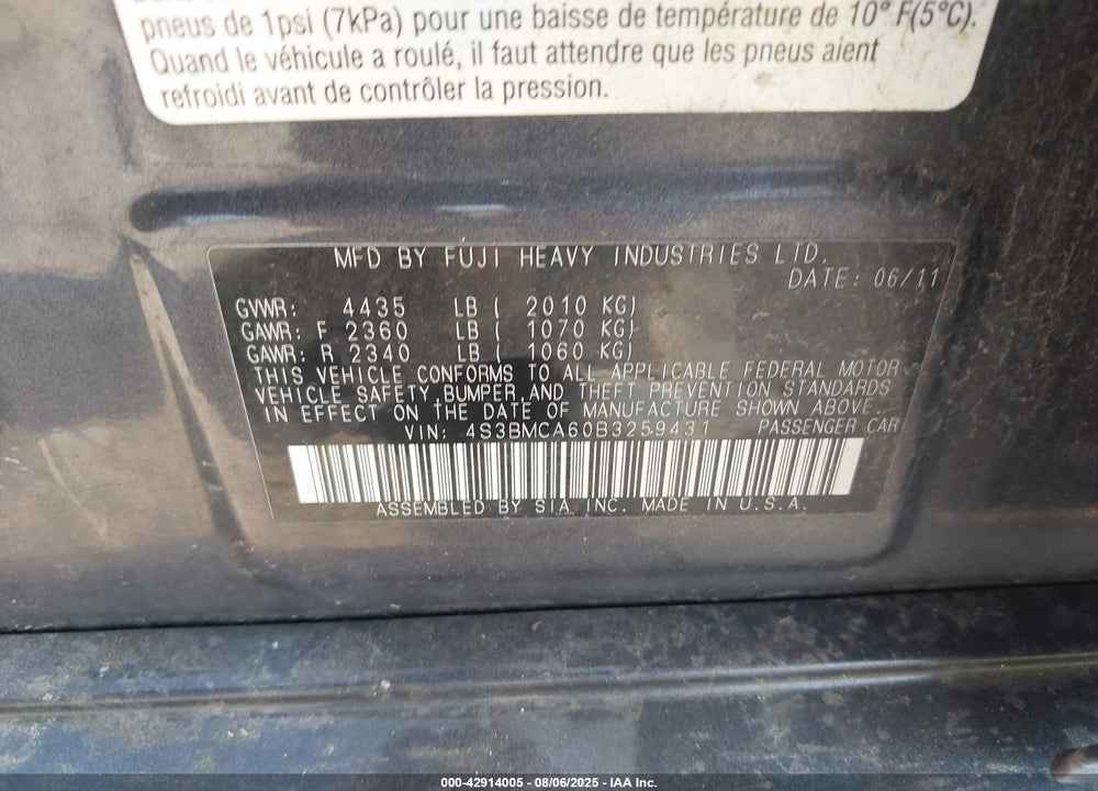 2011 SUBARU LEGACY VIN: 4S3BMCA60B3259431