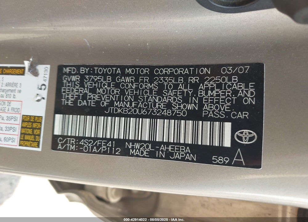 2007 TOYOTA PRIUS VIN: JTDKB20U673248750