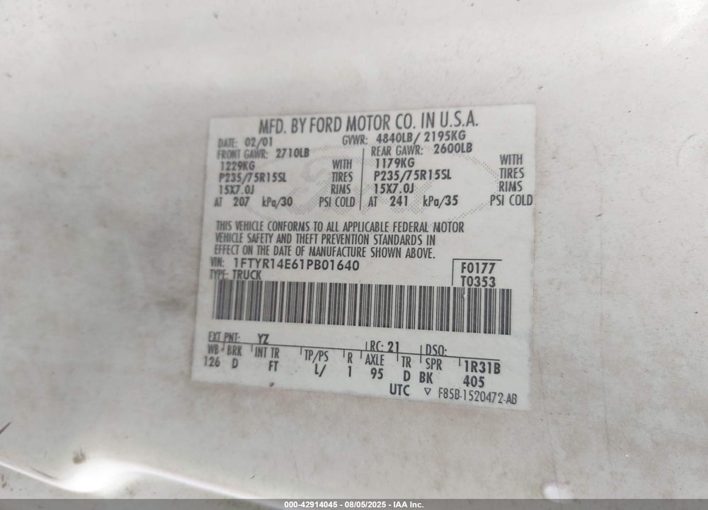 2001 FORD RANGER EDGE/XLT VIN: 1FTYR14E61PB01640