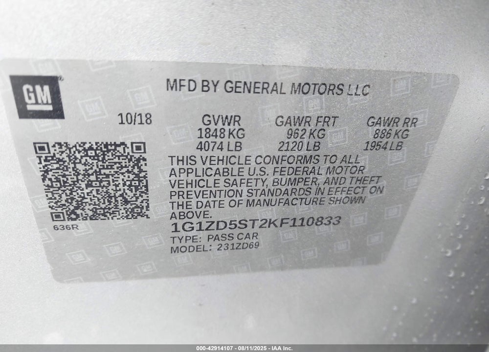 2019 CHEVROLET MALIBU VIN: 1G1ZD5ST2KF110833