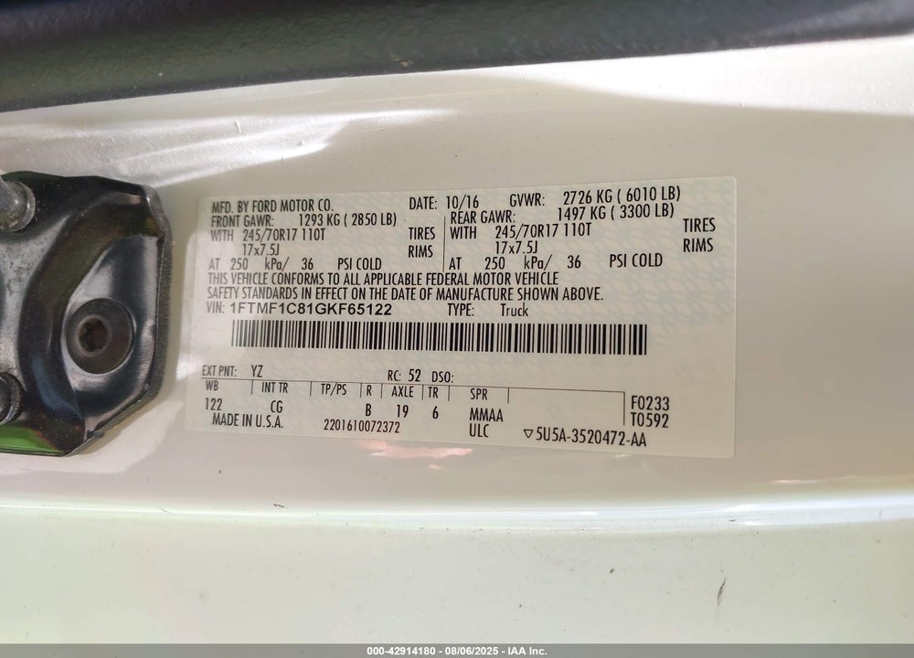 2016 FORD F-150 XL VIN: 1FTMF1C81GKF65122