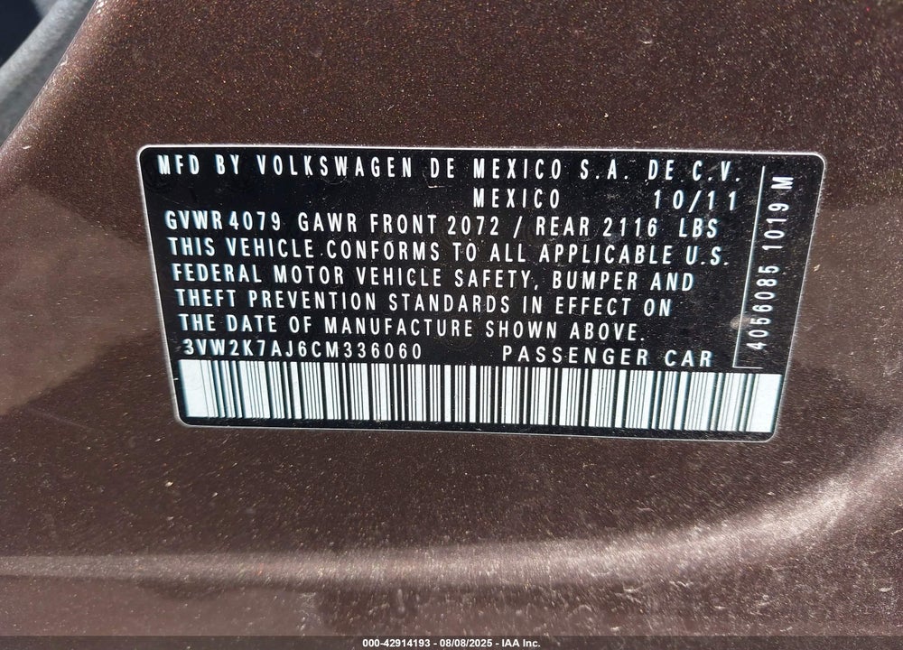 2012 VOLKSWAGEN JETTA VIN: 3VW2K7AJ6CM336060