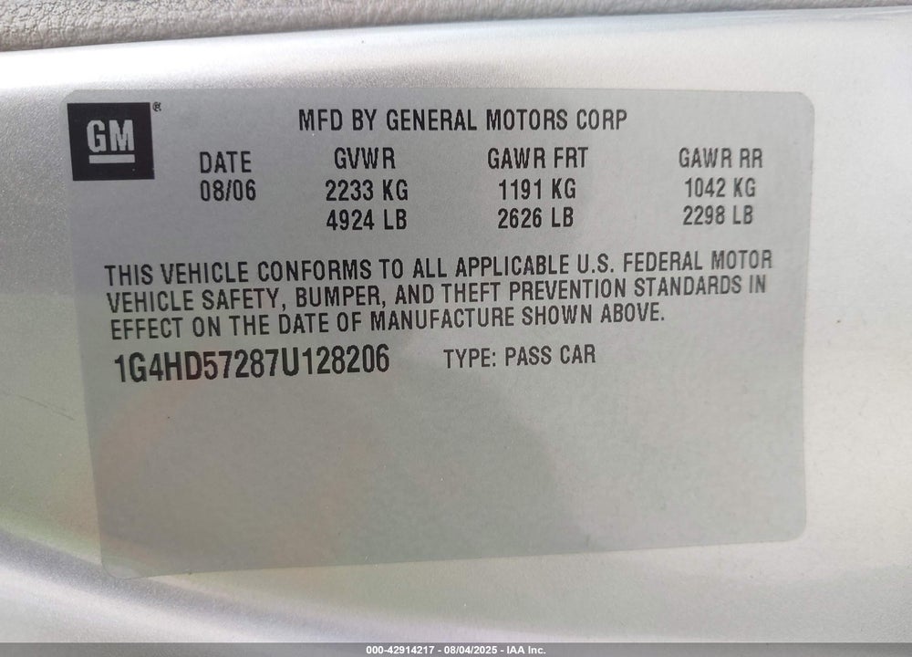 2007 BUICK LUCERNE CXL VIN: 1G4HD57287U128206