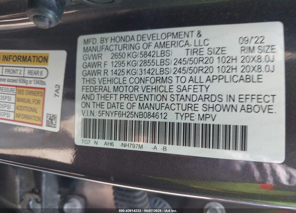 2022 HONDA PILOT VIN: 5FNYF6H25NB084612