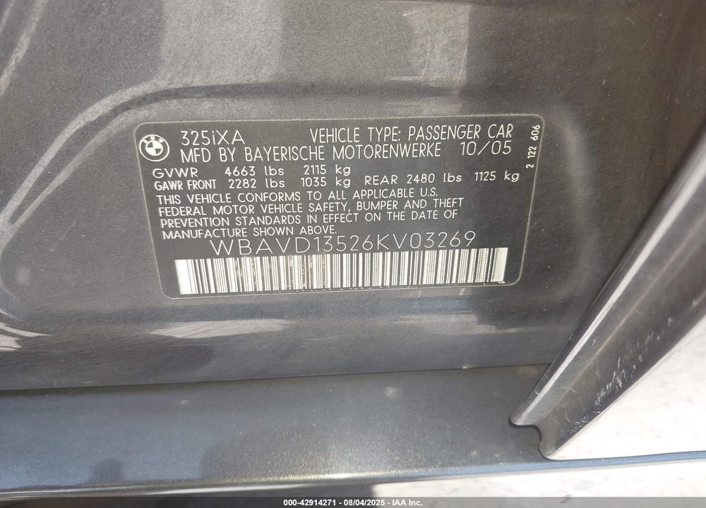 2006 BMW 325XI VIN: WBAVD13526KV03269
