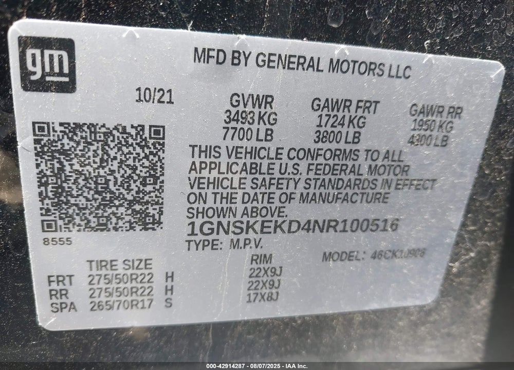 2022 CHEVROLET SUBURBAN VIN: 1GNSKEKD4NR100516
