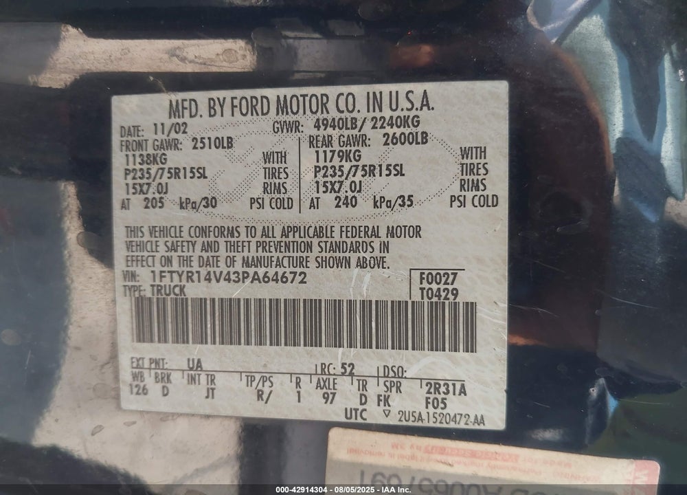 2003 FORD RANGER EDGE/TREMOR/XL/XLT VIN: 1FTYR14V43PA64672