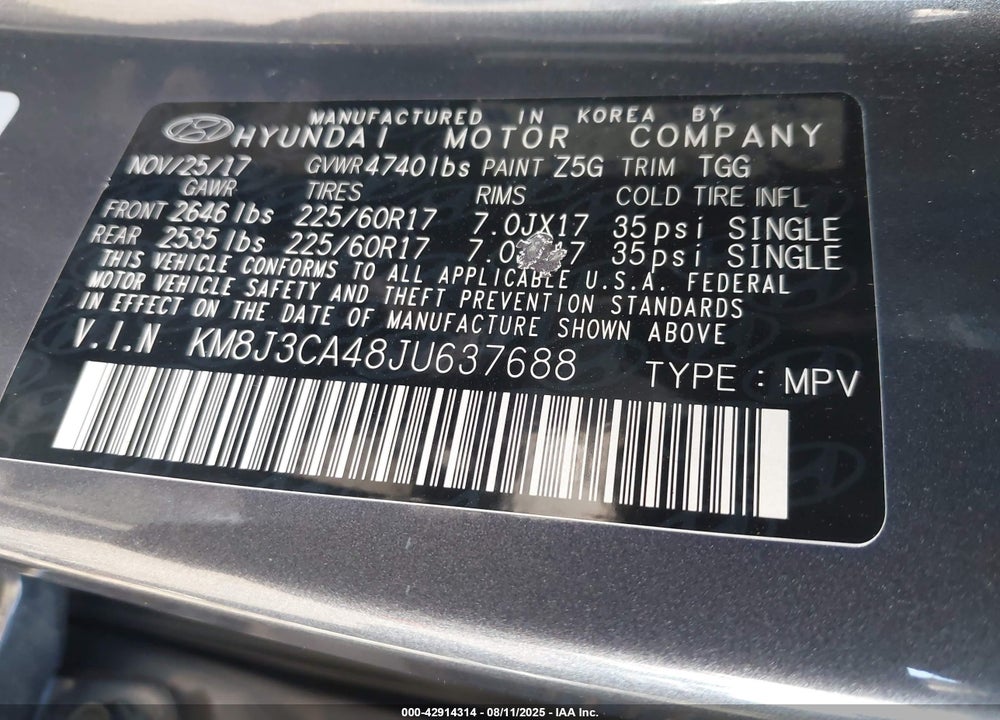 2018 HYUNDAI TUCSON SEL VIN: KM8J3CA48JU637688
