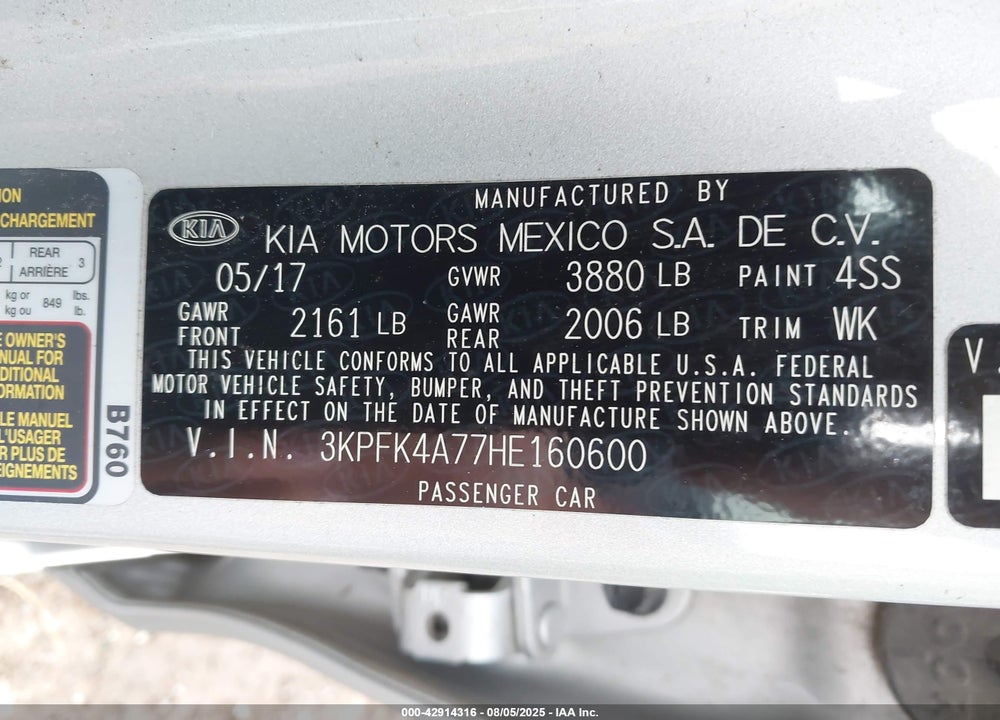2017 KIA FORTE VIN: 3KPFK4A77HE160600
