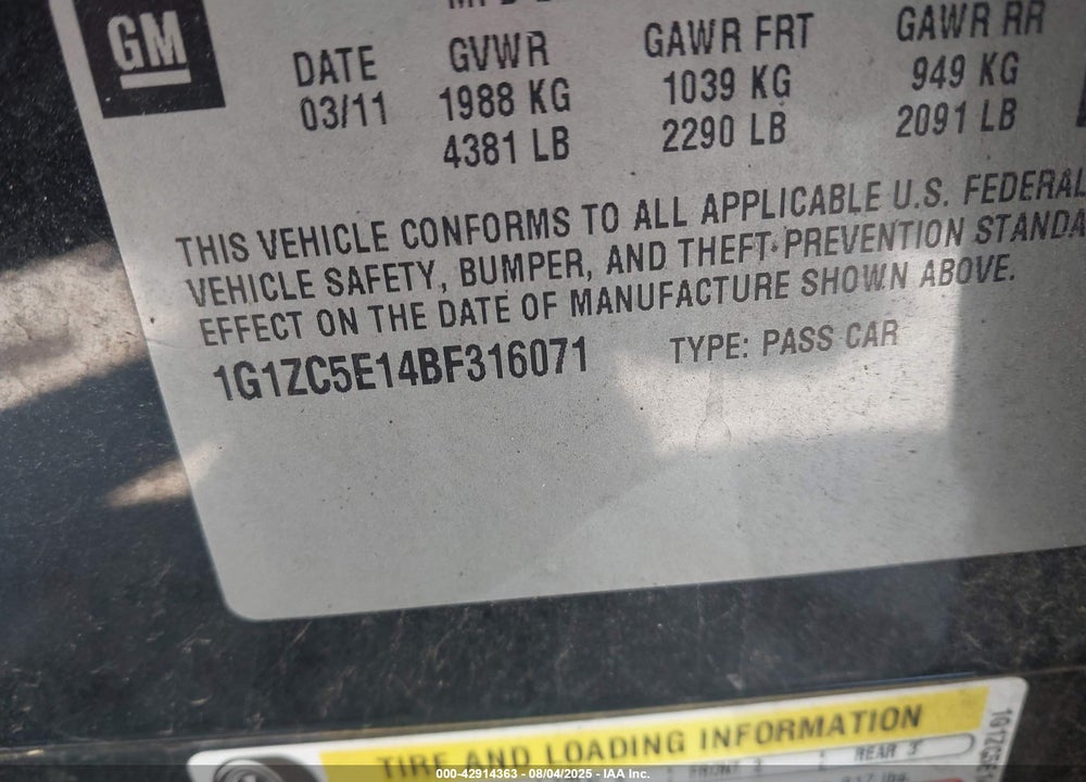 2011 CHEVROLET MALIBU VIN: 1G1ZC5E14BF316071