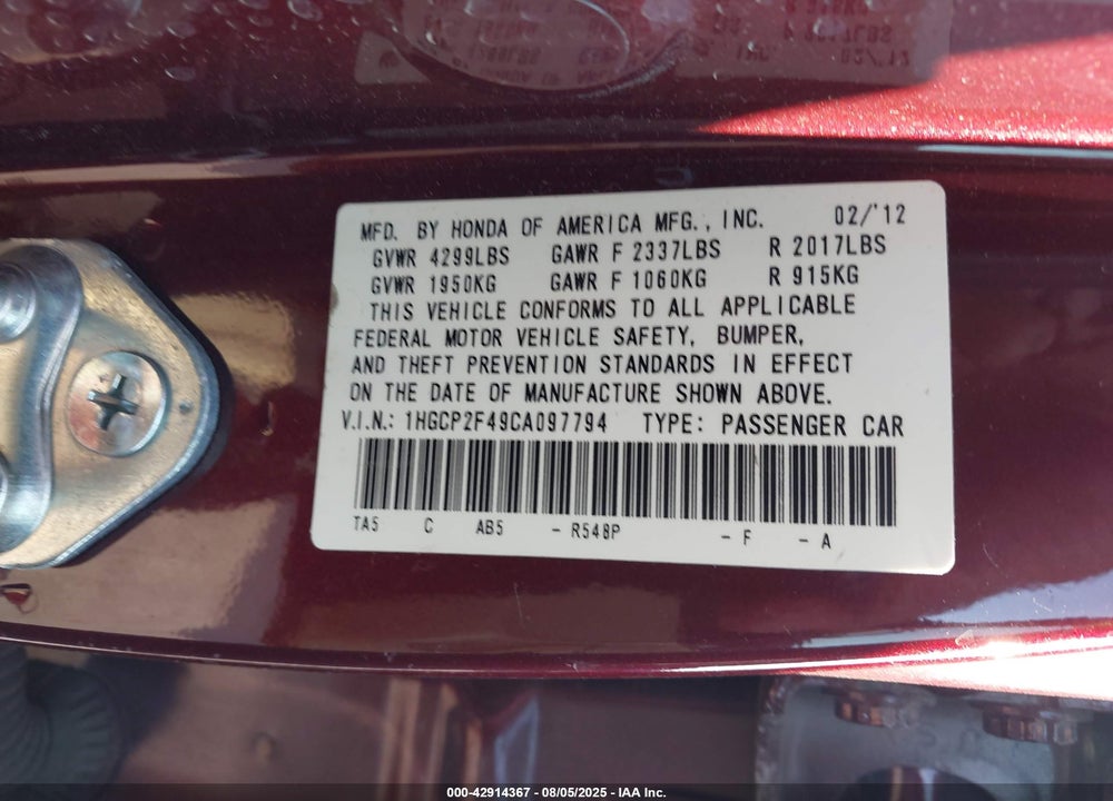2012 HONDA ACCORD 2.4 LX-P VIN: 1HGCP2F49CA097794
