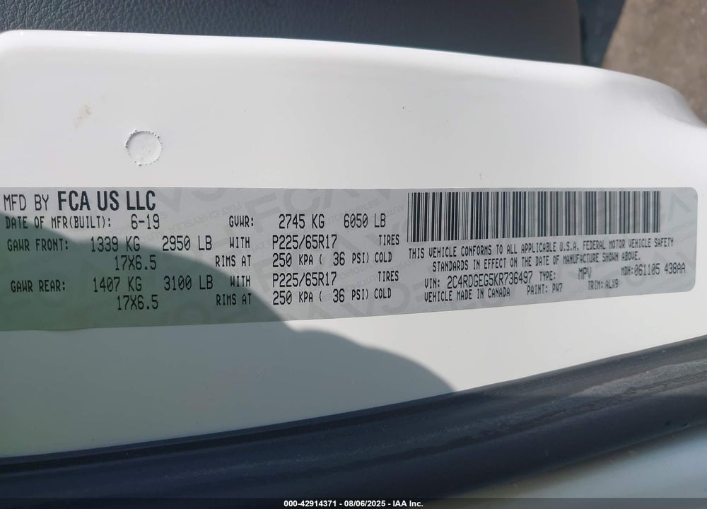 2019 DODGE GRAND CARAVAN GT VIN: 2C4RDGEG5KR736497
