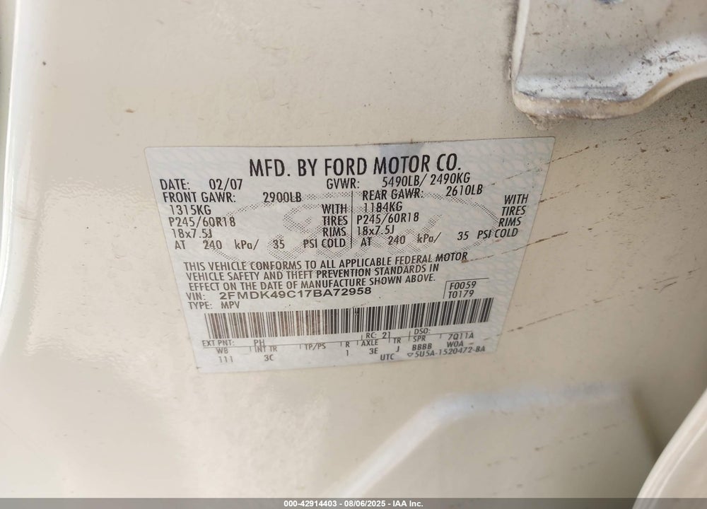2007 FORD EDGE SEL PLUS VIN: 2FMDK49C17BA72958
