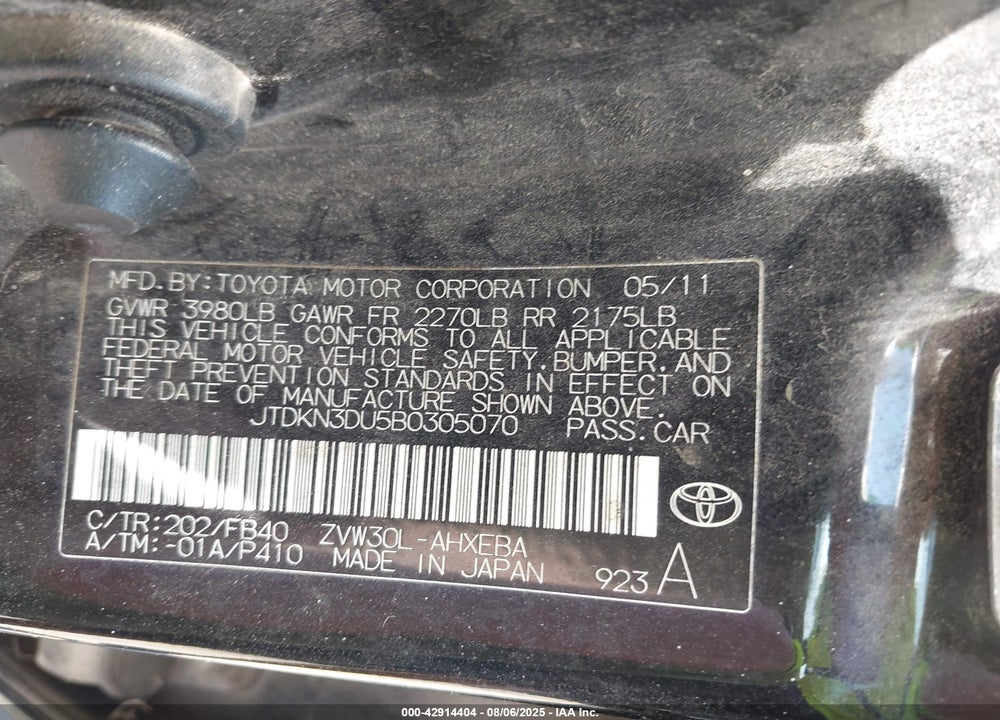 2011 TOYOTA PRIUS VIN: JTDKN3DU5B0305070
