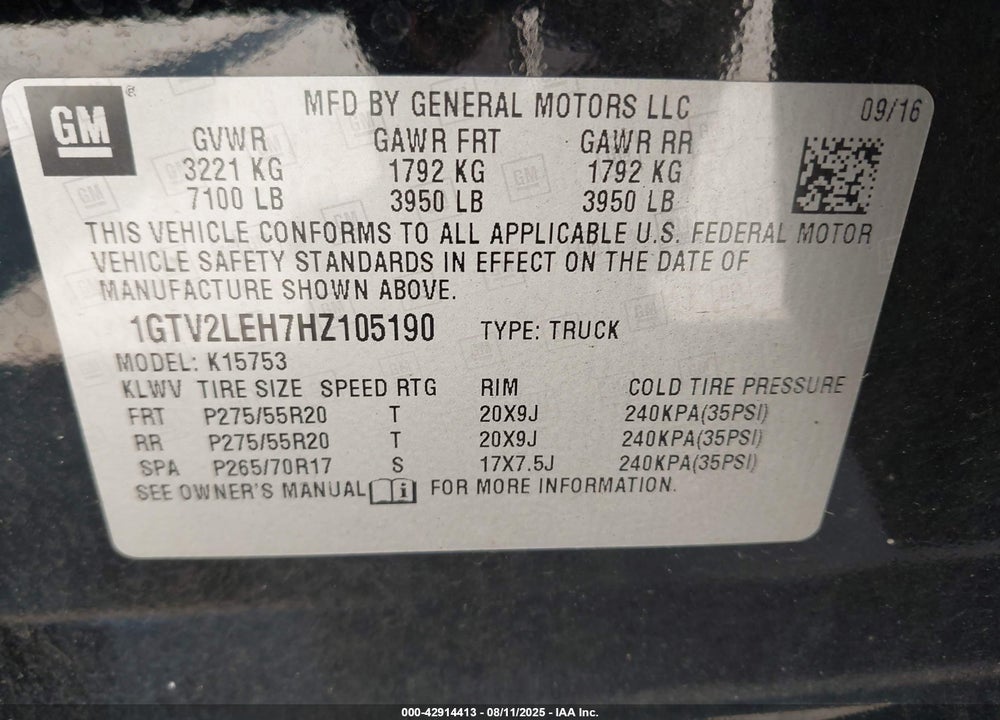 2017 GMC SIERRA 1500 VIN: 1GTV2LEH7HZ105190