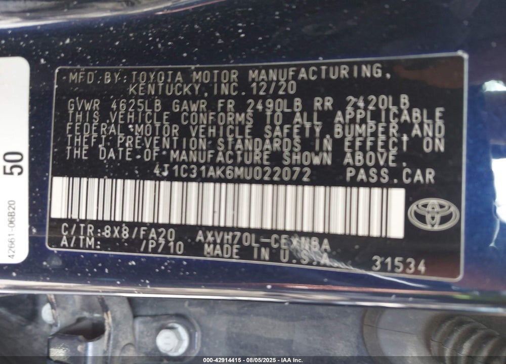 2021 TOYOTA CAMRY VIN: 4T1C31AK6MU022072