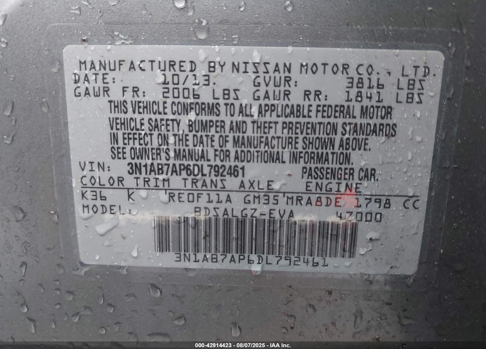 2013 NISSAN SENTRA VIN: 3N1AB7AP6DL792461