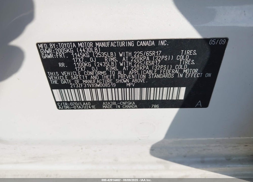 2009 TOYOTA RAV4 LIMITED VIN: 2T3ZF31VX9W008519