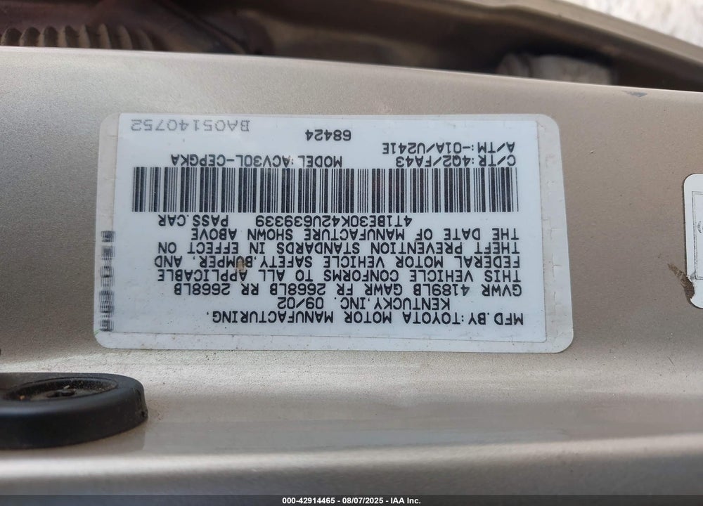 2002 TOYOTA CAMRY XLE VIN: 4T1BE30K42U639339