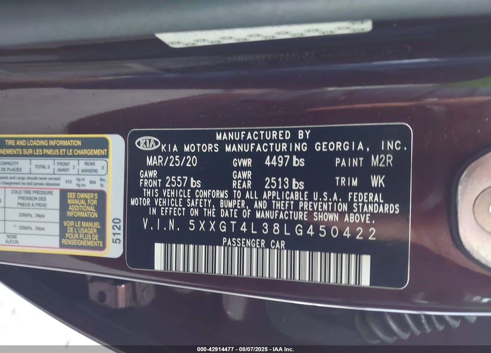 2020 KIA OPTIMA VIN: 5XXGT4L38LG450422