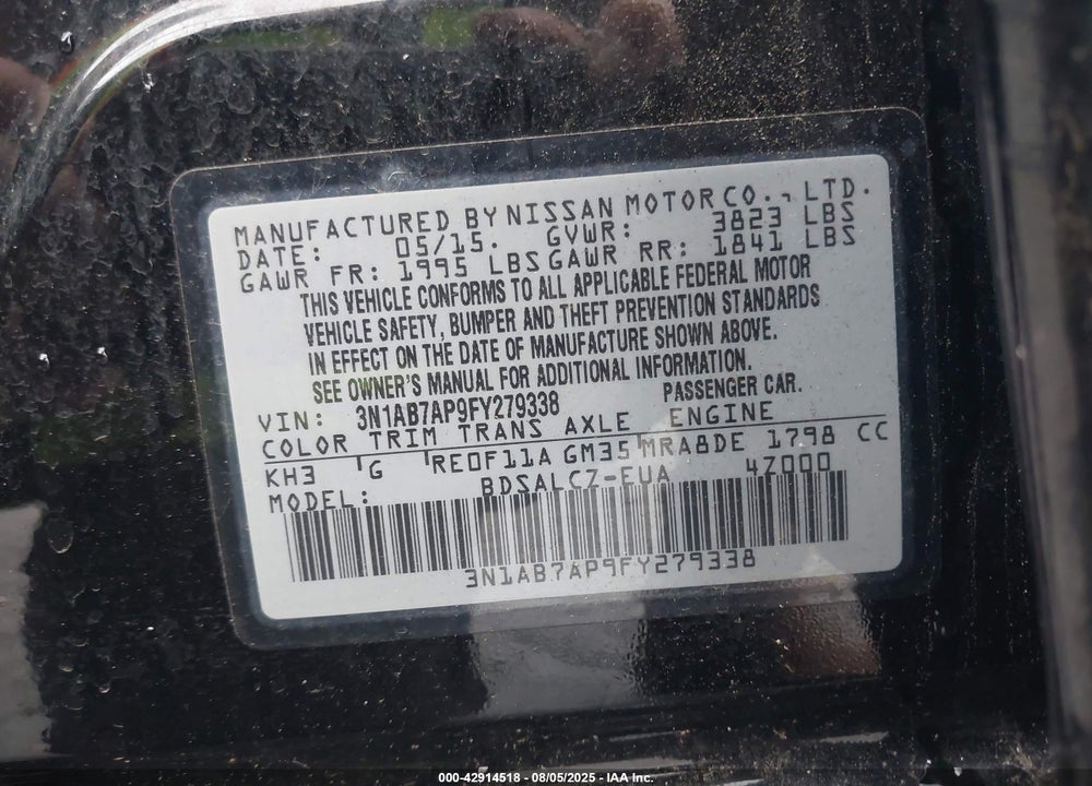 2015 NISSAN SENTRA VIN: 3N1AB7AP9FY279338