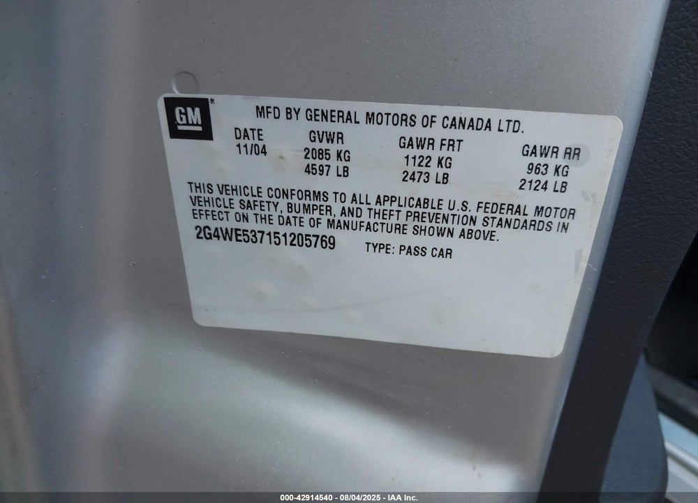 2005 BUICK LACROSSE CXS VIN: 2G4WE537151205769