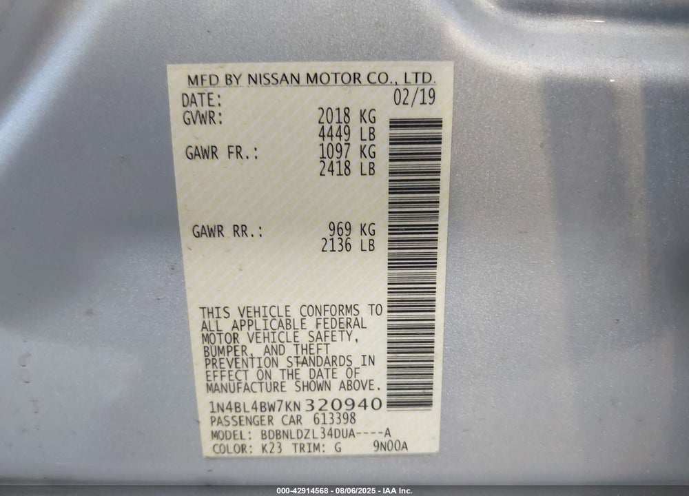 2019 NISSAN ALTIMA VIN: 1N4BL4BW7KN320940