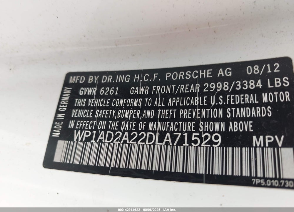 2013 PORSCHE CAYENNE VIN: WP1AD2A22DLA71529