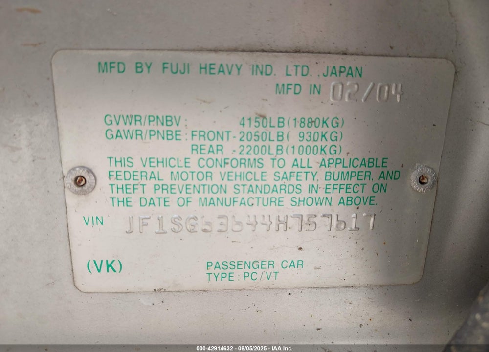 2004 SUBARU FORESTER 2.5X VIN: JF1SG63644H757617