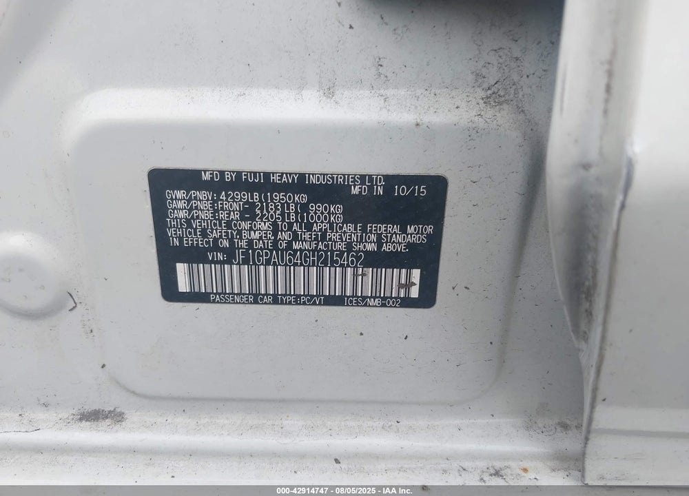 2016 SUBARU IMPREZA VIN: JF1GPAU64GH215462