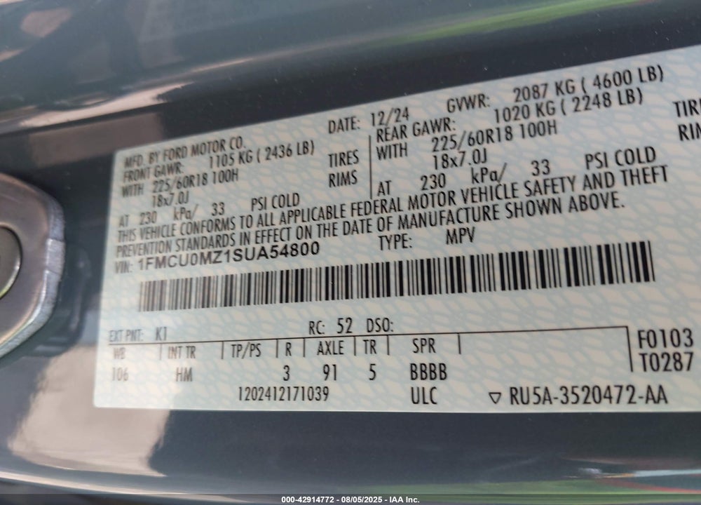 2025 FORD ESCAPE VIN: 1FMCU0MZ1SUA54800