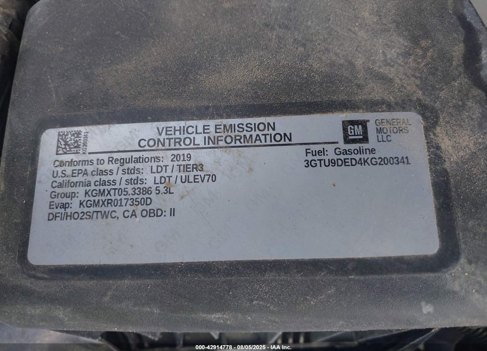 2019 GMC SIERRA 1500 VIN: 3GTU9DED4KG200341