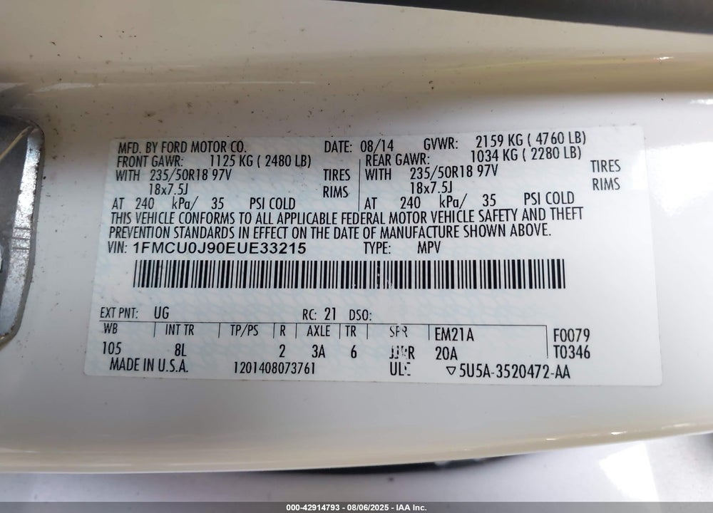 2014 FORD ESCAPE TITANIUM VIN: 1FMCU0J90EUE33215